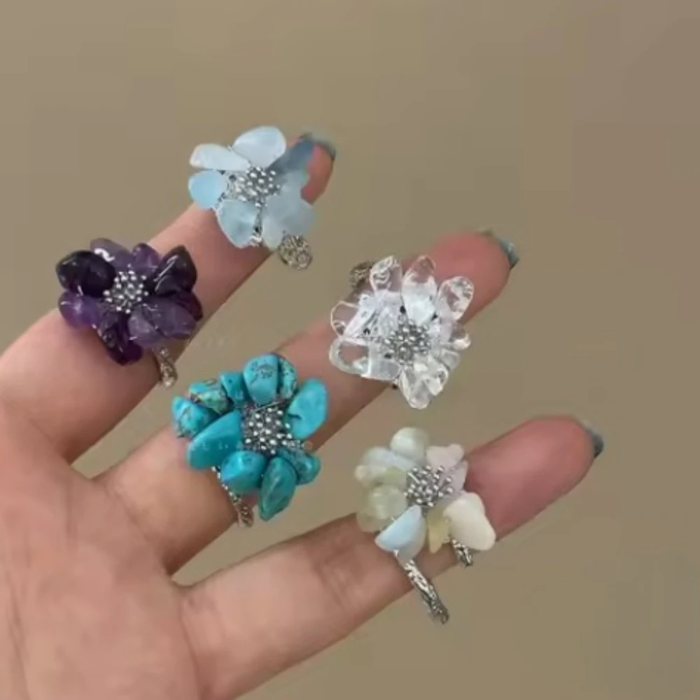 Vintage Irregular Handmade Natural Stone Beaded Rings Women Elegant Versatile Daily Finger Geometric Jewelry Accessories Gifts
