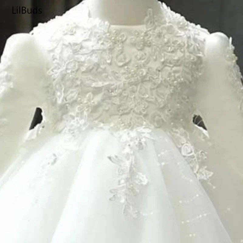 One Year Old Baby Birthday Princess DressWedding Kids  Spring And Autumn Children FloweHigh-End Long Sleeve Whiter Girl