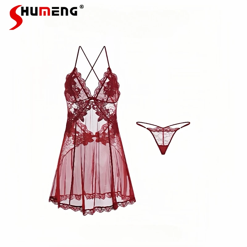 

Новая летняя сексуальная ночная рубашка для женщин, прозрачные ночные рубашки с глубоким V-образным вырезом и открытой спиной, женские сетчатые кружевные пижамы принцессы Pure Desire