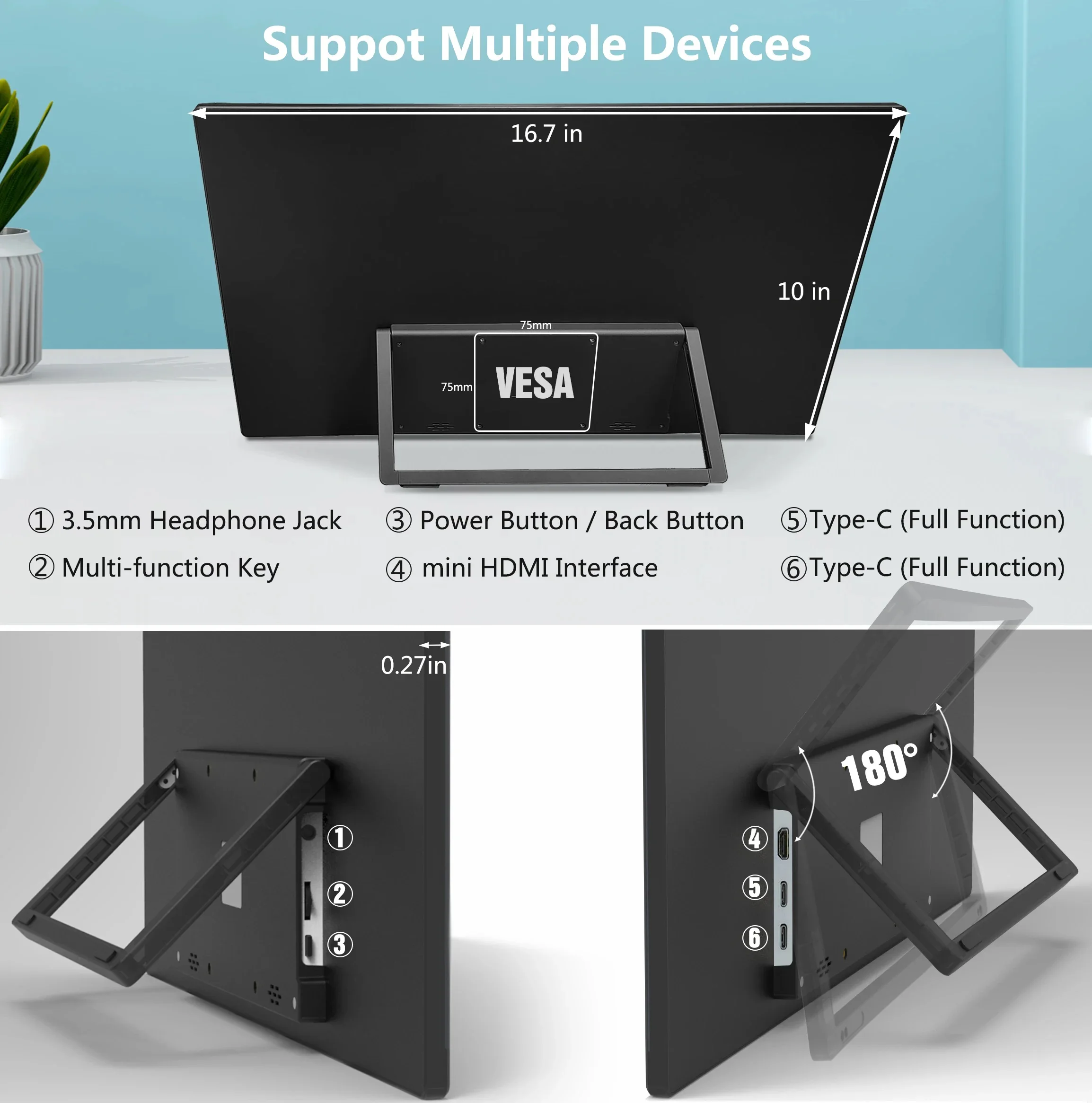 Portable Monitor 18.5 inch 120Hz 1080P with VESA & Stand 180° Adjustable FHD IPS Gaming Display For PC Laptop Xbox PS4/5 Switch