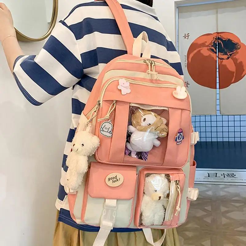 Simpatico zaino Kawaii per la scuola 5 pz/set zaino da scuola in tela Kawaii Bookbag per studenti medi con spille e ciondoli carini per