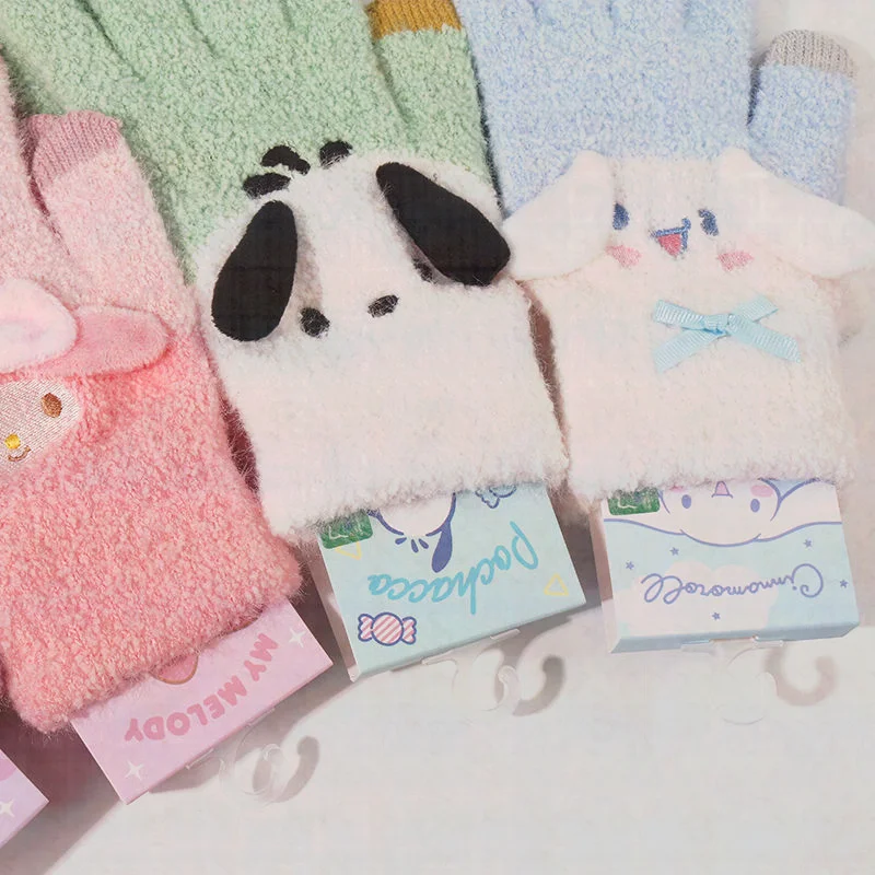 Cartoon Sanrio Series Melody Kuromi Pochacco Plush Five Finger Gloves Kawai Winter Warm Thickened Student Five Finger Gloves