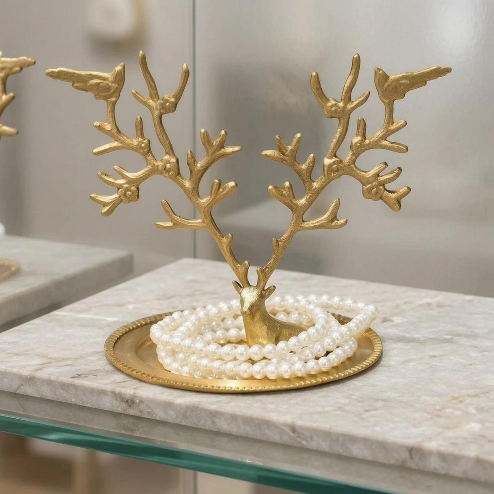 

Deer Horn Jewelry Stand Gold-Tone Horn Jewelry Tray Decor Piece Ridged Rim Decorative