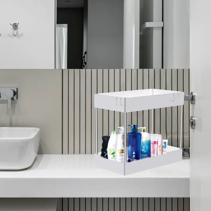 Under Sink Bathroom Storage 2 Tier Bathroom Cabinet Organizers and Storage with Hooks Multi-Purpose Storage Shelf for Sinks