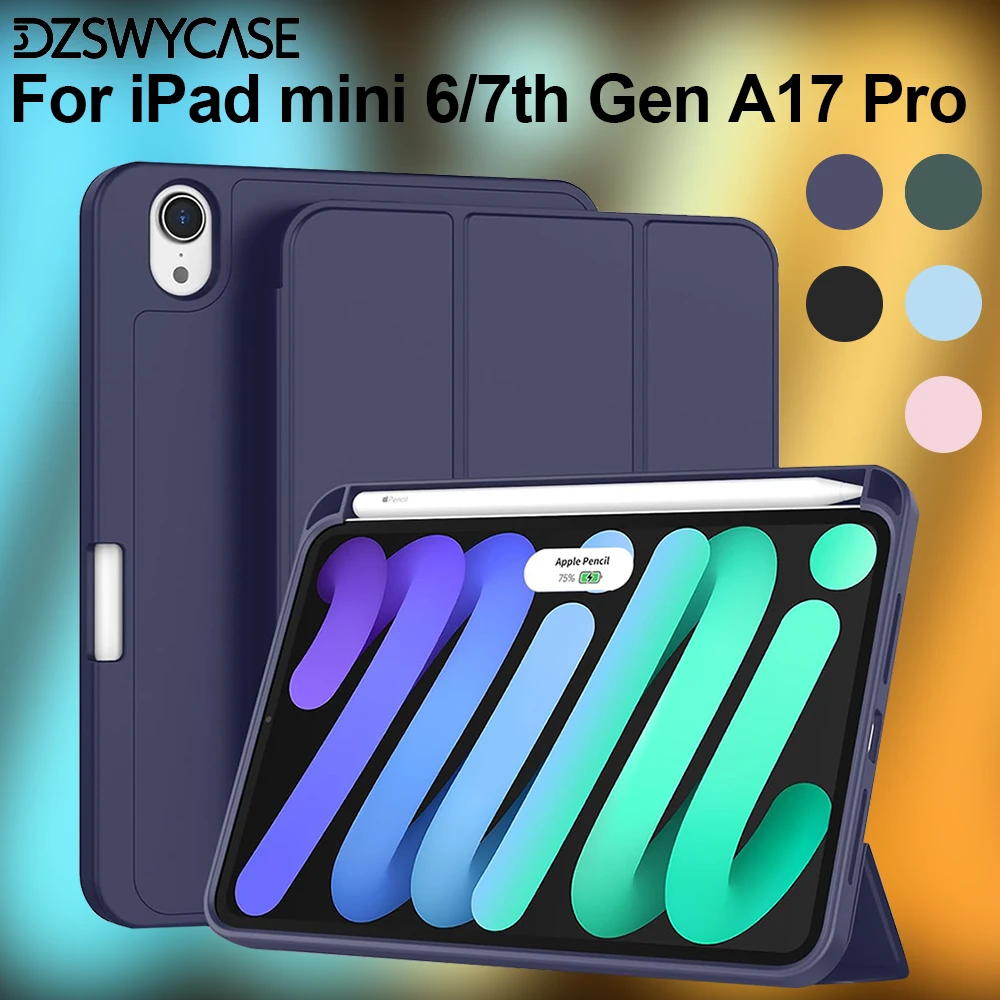 

Чехол для iPad Mini 7 A17 Pro 2024/iPad Mini 6 Case 2021 8,3 дюйма с держателем для карандашей, чехол с мягкой задней частью из ТПУ, автоматический режим сна/пробуждения