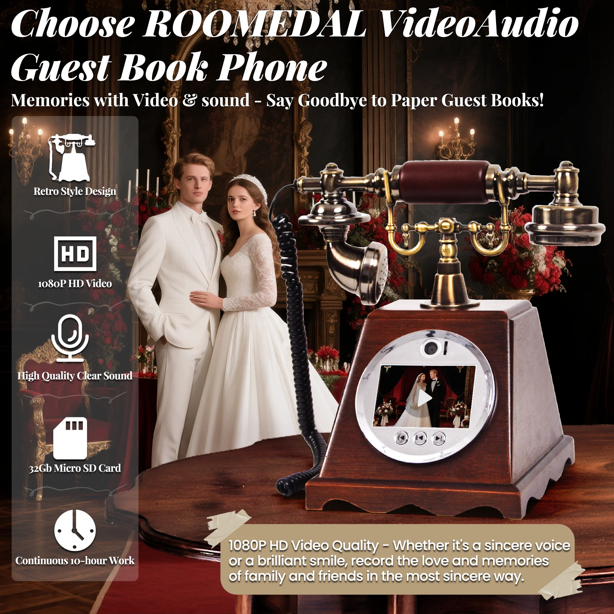 New Arrival Walnut Antique Telephone Video Guestbook Phone Vintage Wedding Message Machine Photobooth For Wedding Party Event view 3