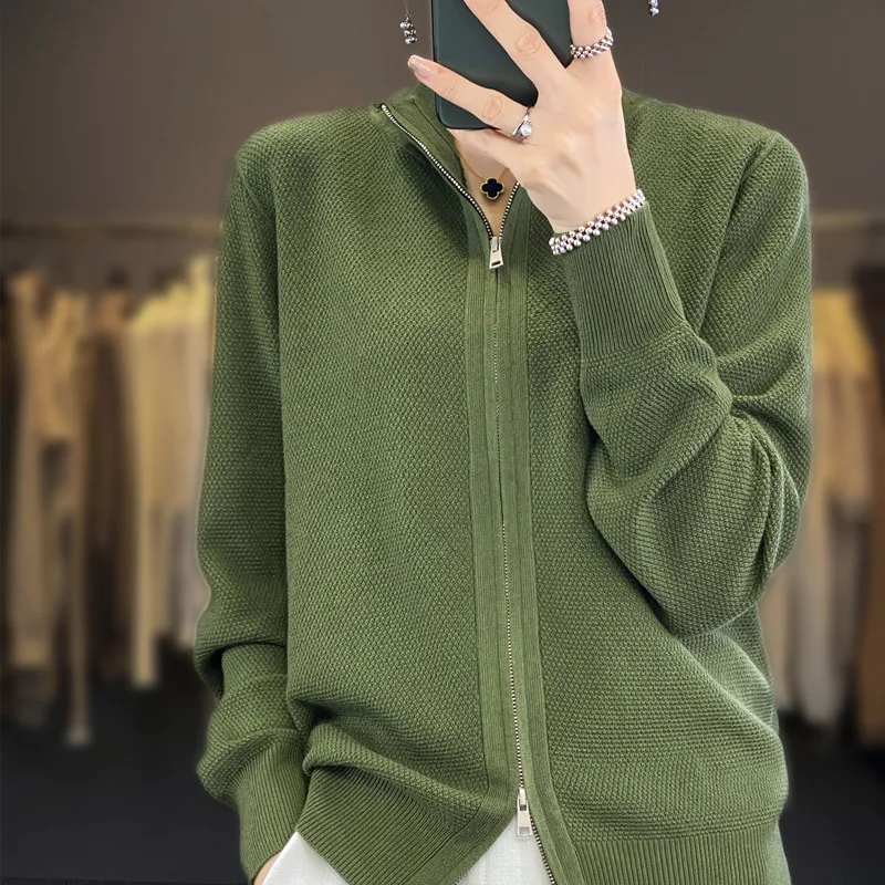 

100% Merino Cardigan Women 2024 Autumn/Winter New Fashion Women's Stand Collar Double Zip Sweater Pineapple Pin Sweater
