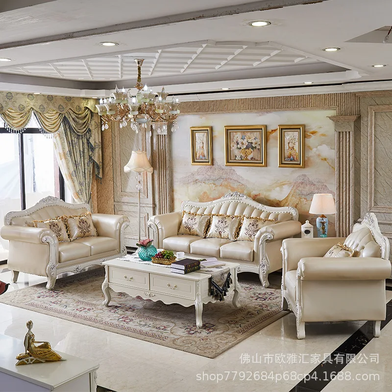 European Solid Wood Carving Flower Sofa Living Room Leather Sofa Villa Small Apartment French Simple European Sofa Double