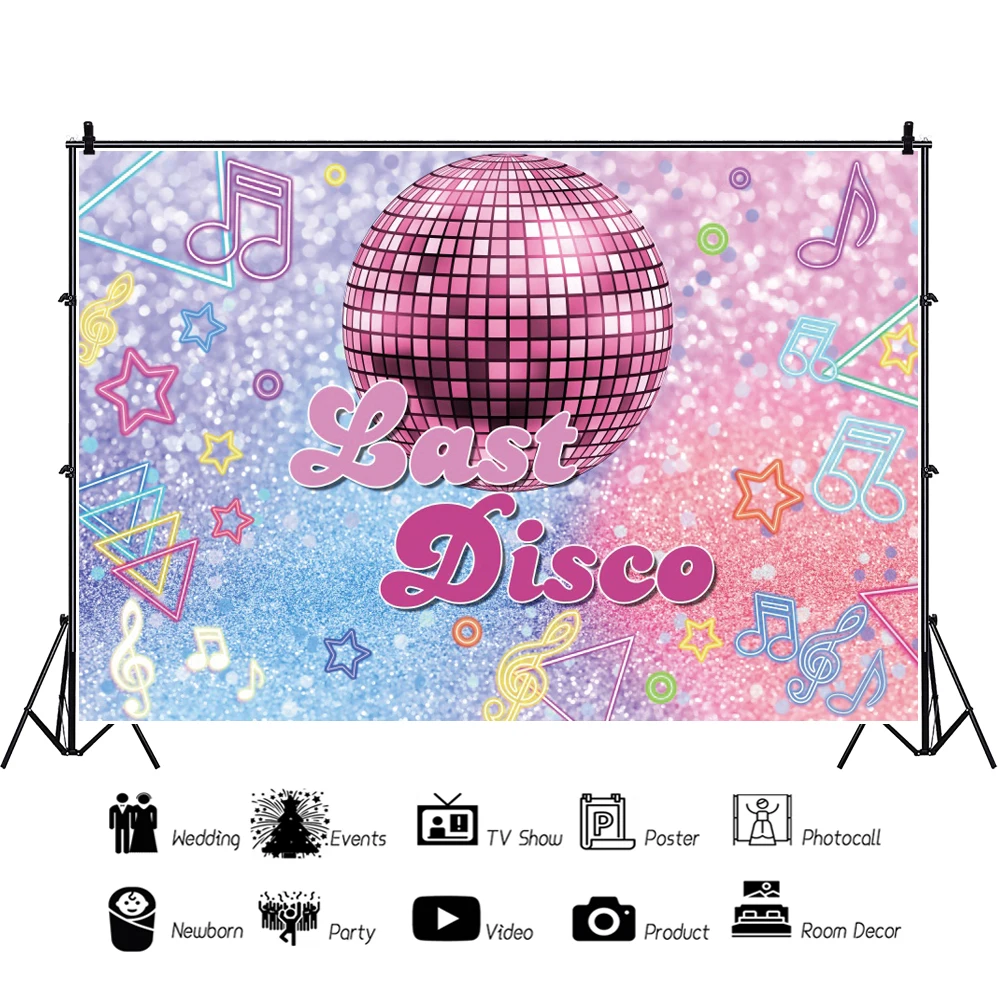 Laeacco-ディスコパーティーの背景、ナイトクラブ、音楽、ピンク、光沢のあるネオンライトボール、70s、80s、90s、誕生日ポートレート、写真の背景