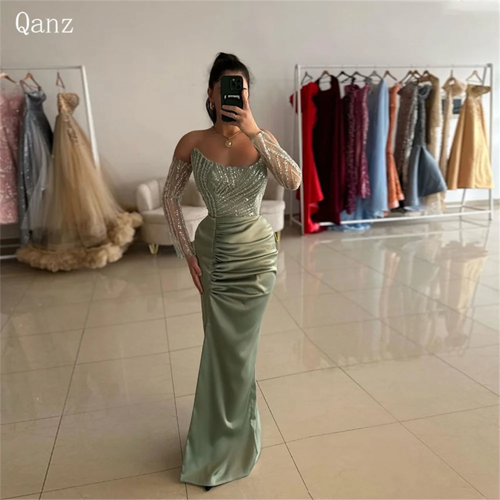 Qanz Strapless Satin Sexy Evening Dresses Long Sleeves Mermaid Pleat Lace Up Back Party Dress Women Abendkleider Customized