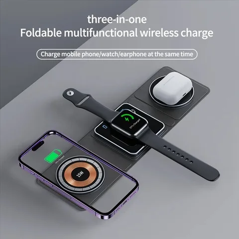 Складная беспроводная зарядная панель 3 в 1 для IPhone 15/14/13/12 Магнитная станция быстрой зарядки Портативная дорожная подставка Сертифицированная Qi
