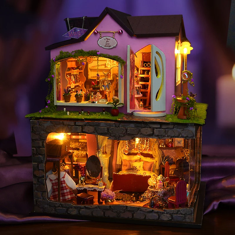 DIY Wooden Miniature Building Kits Witch Magic Shop Cottage Doll Houses With Furniture Lights Casa for Friends Birthday Gifts
