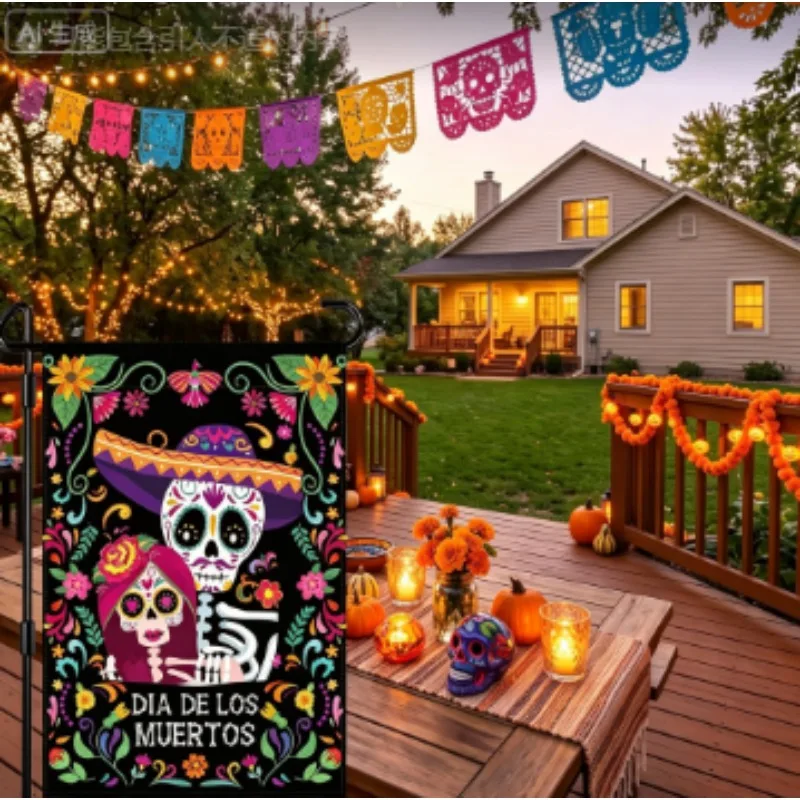 Day of The Dead Garden Flag 12x18 Inch Double Sided Burlap, Garden Flag Skull Skull Dia DE Los Muertos Yard Flag