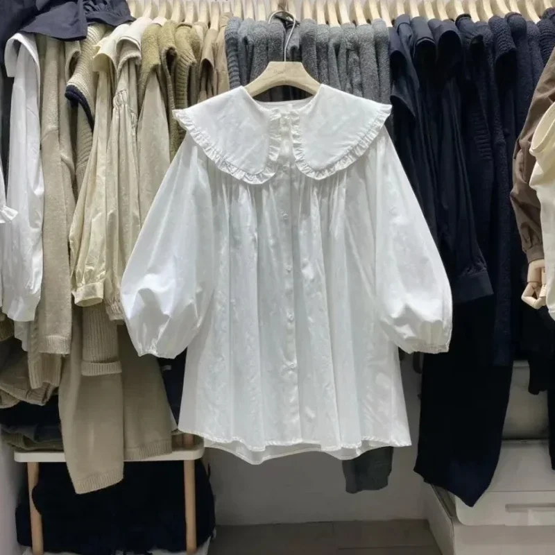 Damenhemden, einfarbig, mit langen Puffärmeln, Peter-Pan-Kragen, koreanischer Stil, modische Oberteile, Retro-Damenbluse, schlicht, lässig, vielseitig kombinierbar. – Detail 6