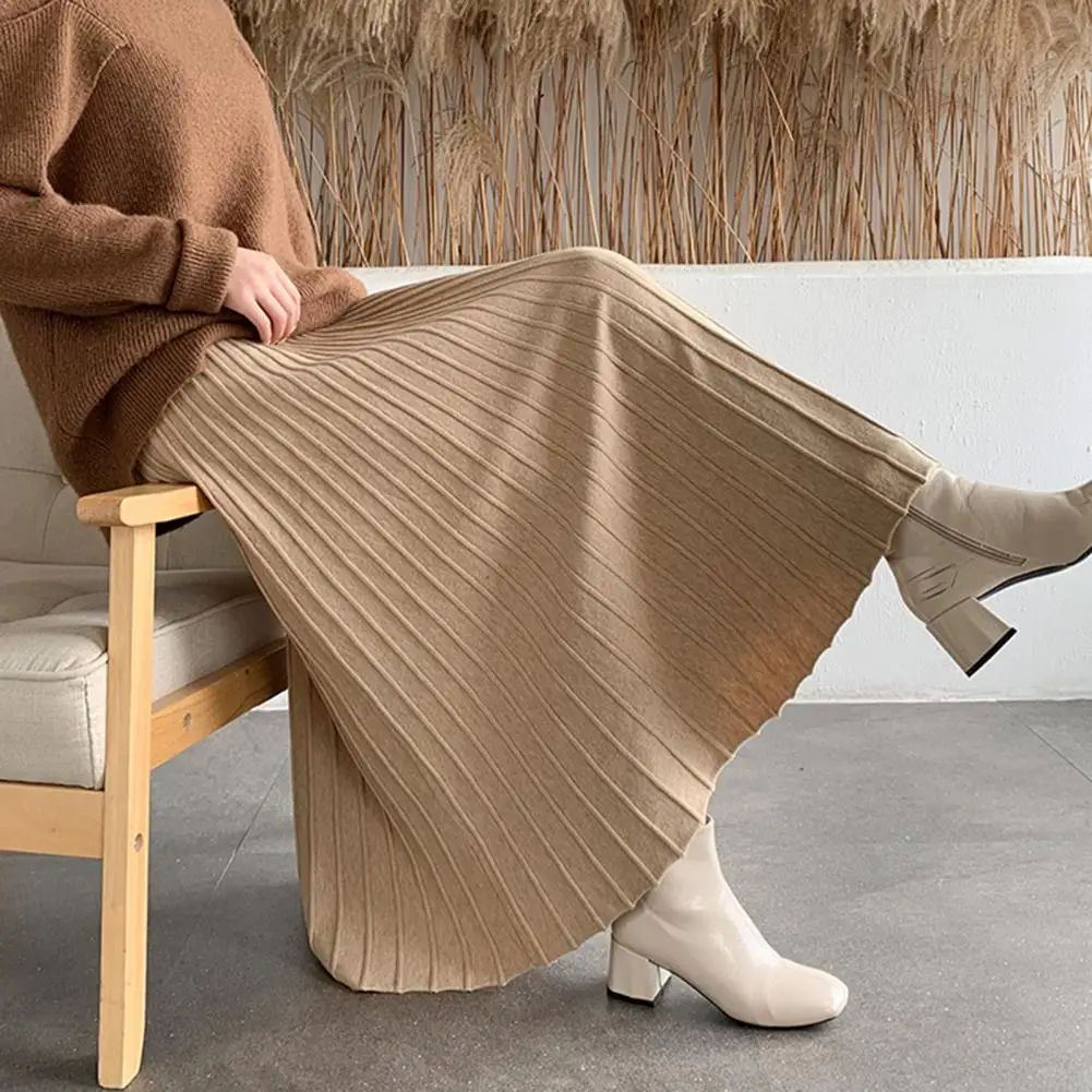 

High-waisted Skirt Breathable Skirt Elegant Women's High Waist Knitting Skirt A-line Pleated Long for Autumn Winter Fashion
