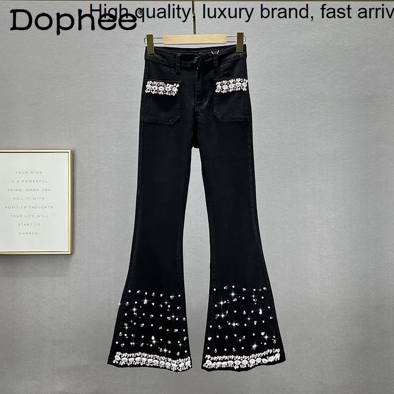 Sequined Exquisite Rhinestone Denim Bell-Bottom Pants Women 2023 New Fall Winter Stretch High Waist Slimming Blue Jeans Trousers