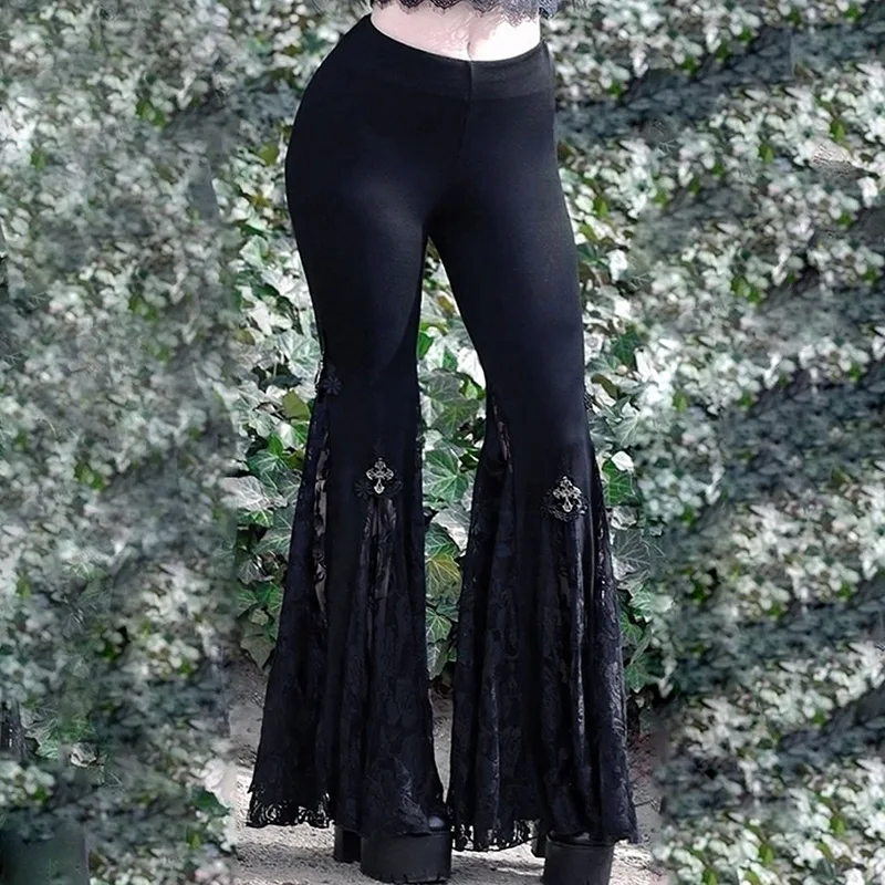 Women's High Waist Lace Flare Pants Gothic Punk Black Wide Leg Trousers Slim Fit Vintage Grunge Streetwear Long Pants Y2K