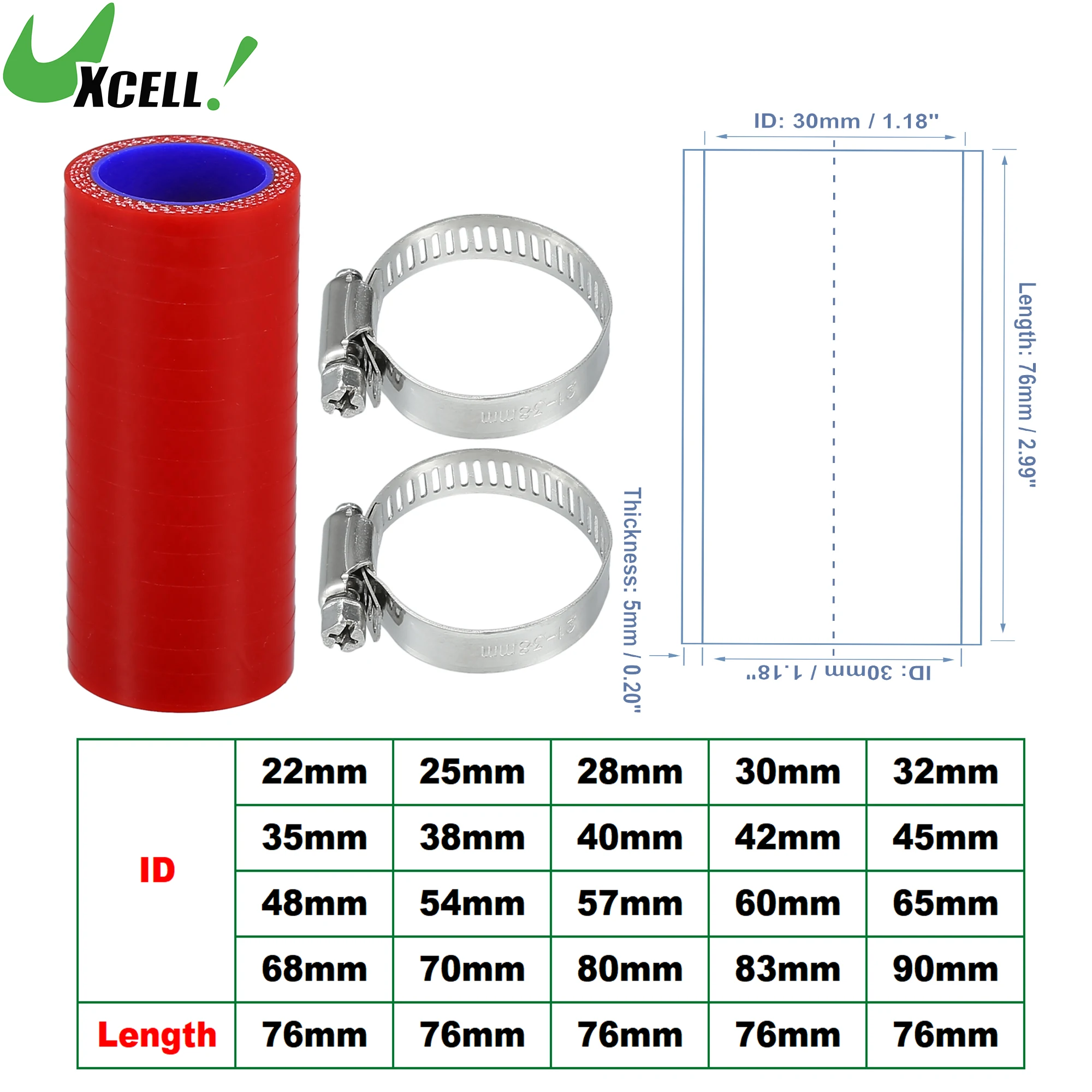 

UXCELL 22mm 30mm 35mm 40mm 49mm 54mm 60mm 65mm 70mm 80mm-90mm Car Straight Silicone Hose Coupler Intercooler Tube w/ Clamps