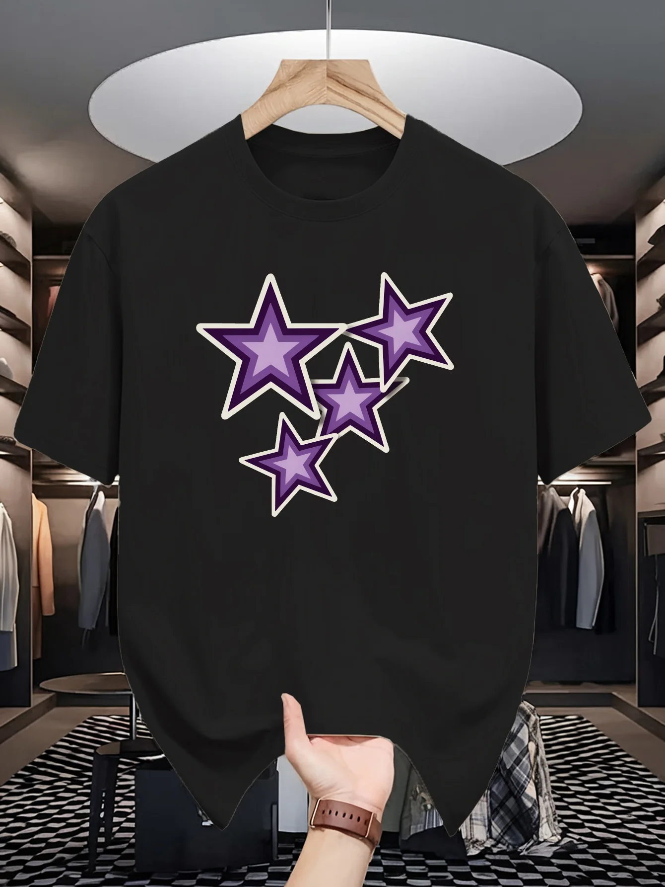 Purple Layered Star Print Mens Crew Neck T Shirt Four Stars Abstract Simple Graphic Short Sleeve Casual Cotton Trendy Street Tee