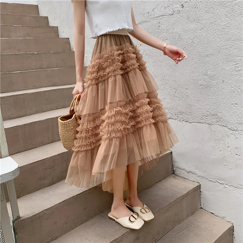 

DSMTRC Sweet Girl Midi Ball Gown Tulle Skirt For Spring Summer Fashion Princess Lace Ruffles Mesh Skirt for Woman Elegant Skirts