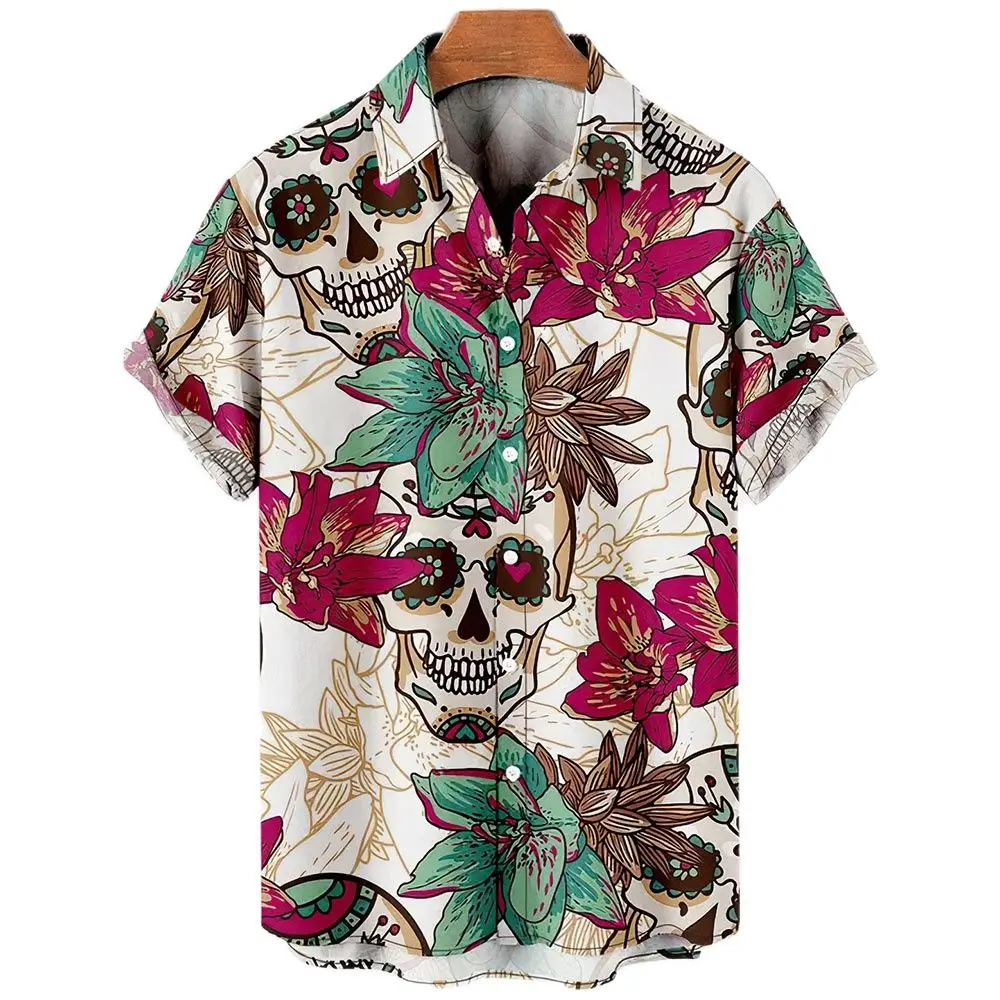 Hawaiian Summer Horror Skull Shirts For Men Vintage Casual 3d Print Rocker Gothic Rockabilly Short Sleeve Top Imported Clothing