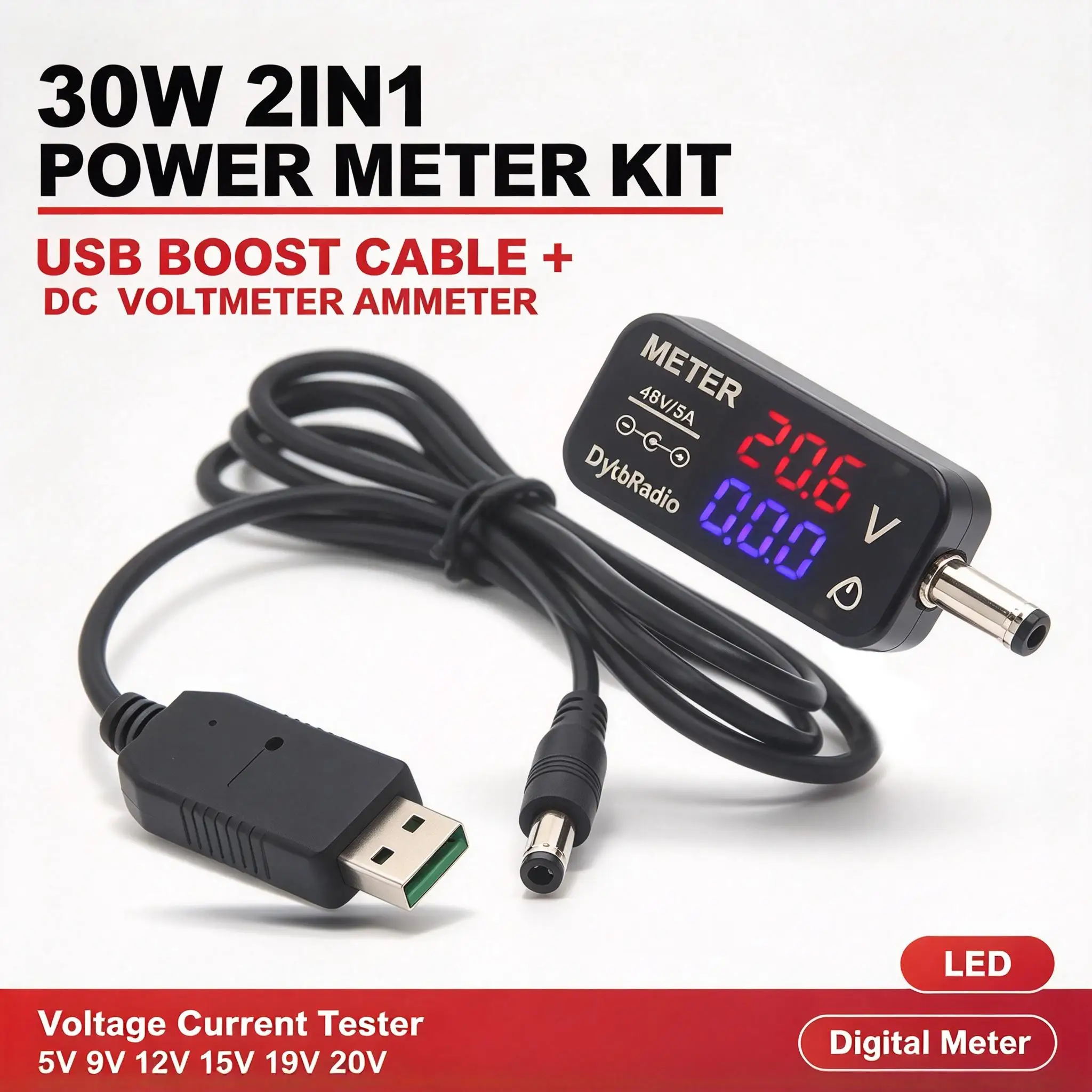 DYKB USB Boost Converter Cable 30W 8A Adjustable 4.5-20V + 48V 5A DC Bidirectional Voltmeter Ammeter Dual LED Digital 5525 5521