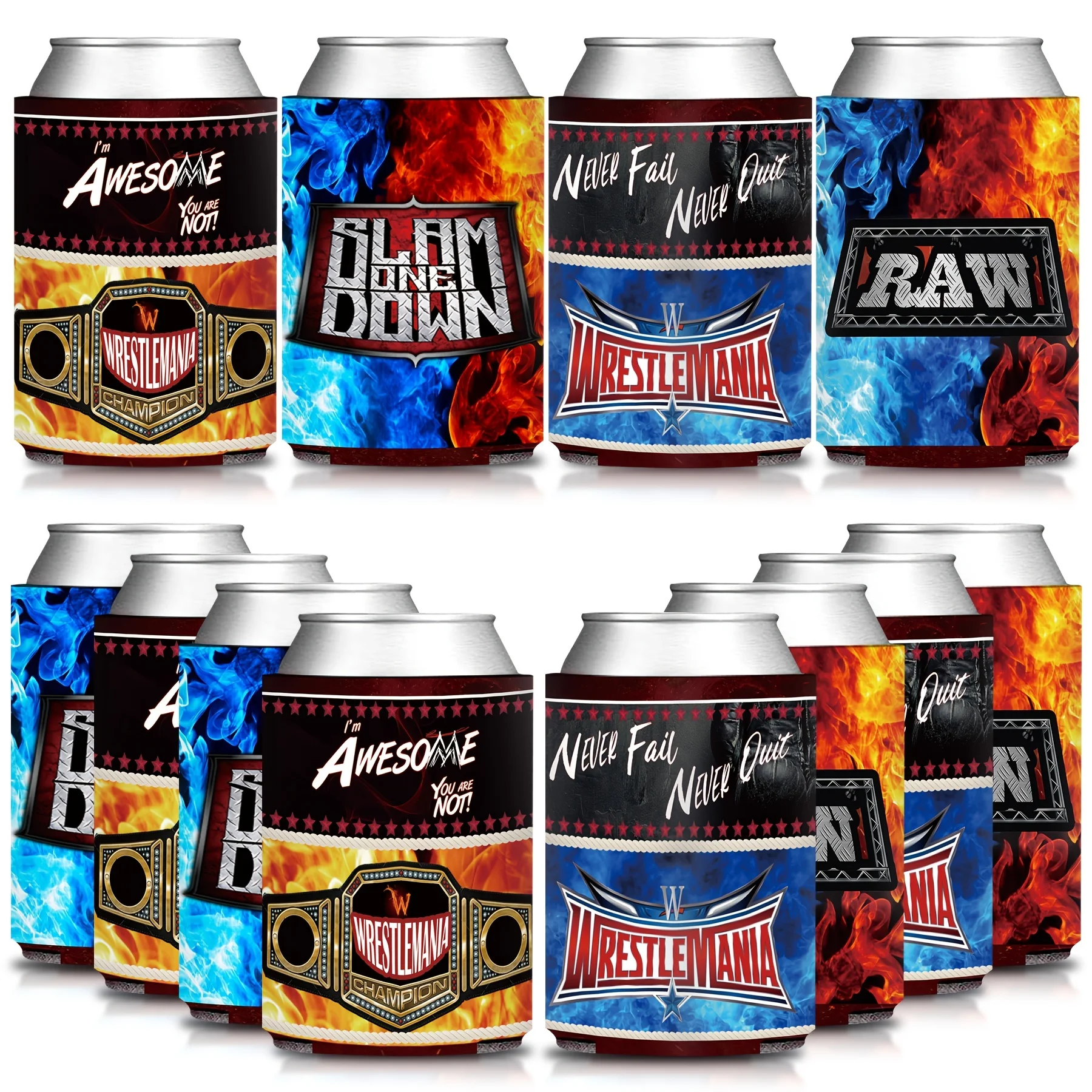 12 pezzi, blu rosso Wrestling Party Can Cooler Sleeves Covers, Boxing Wrestlemania Theme Beverage Insulated Drink Sleeve Holder