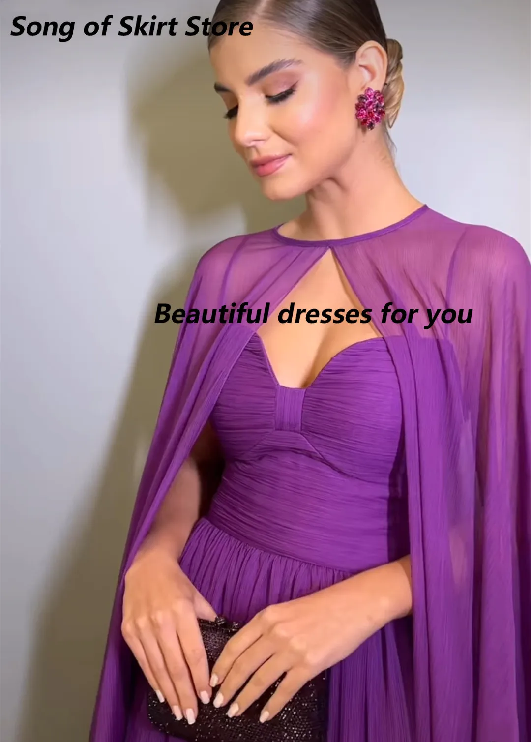 Customized Elegant Long Purple Party Evening Dresses with Cape A-Line Pleated Floor Length Formal Prom Dress for Women image 4