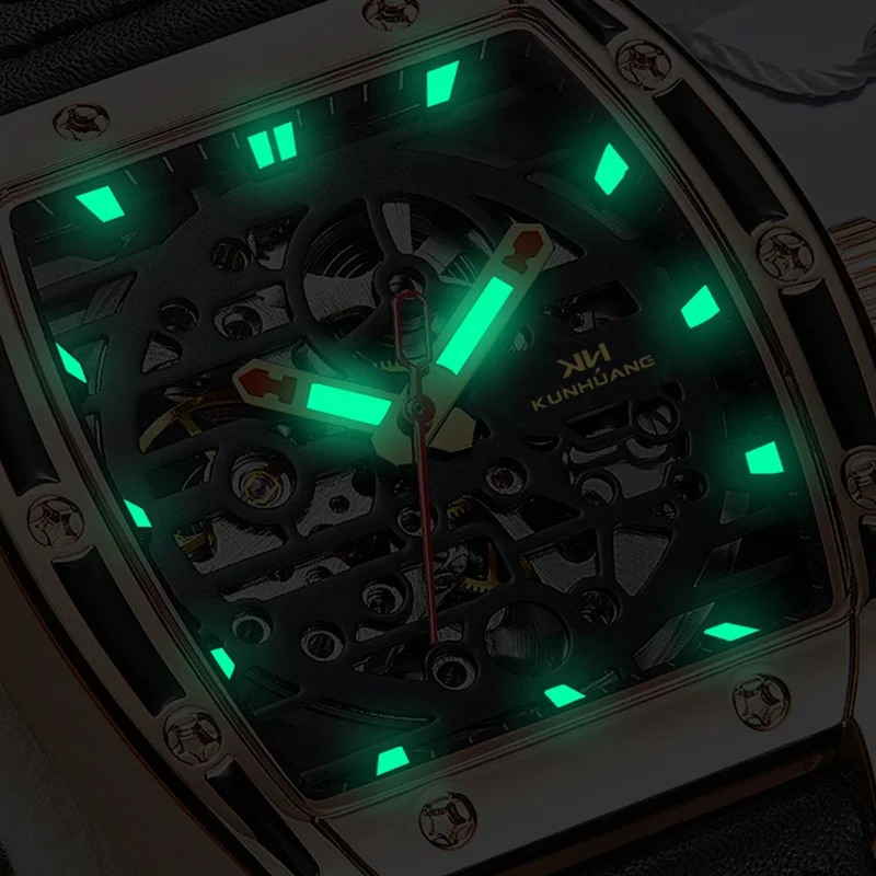 KunHuang Original Skeleton Automatical Mechanical Watch for Men Waterproof Luminous Stainless Steel men's Wristwatch