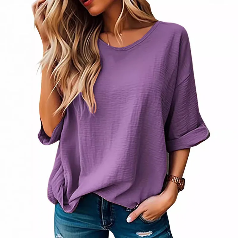 

2024 Women's Summer New Round Neck Five-Sleeve Solid Color Cotton Linen Casual Pullover T-Shirt
