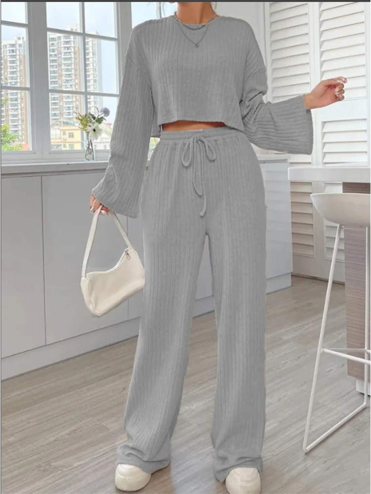 Casual Grey Long Sleeve Round Neck Suit Women\'s Solid Color Loose Top Trousers Autumn Sports Fashion Set