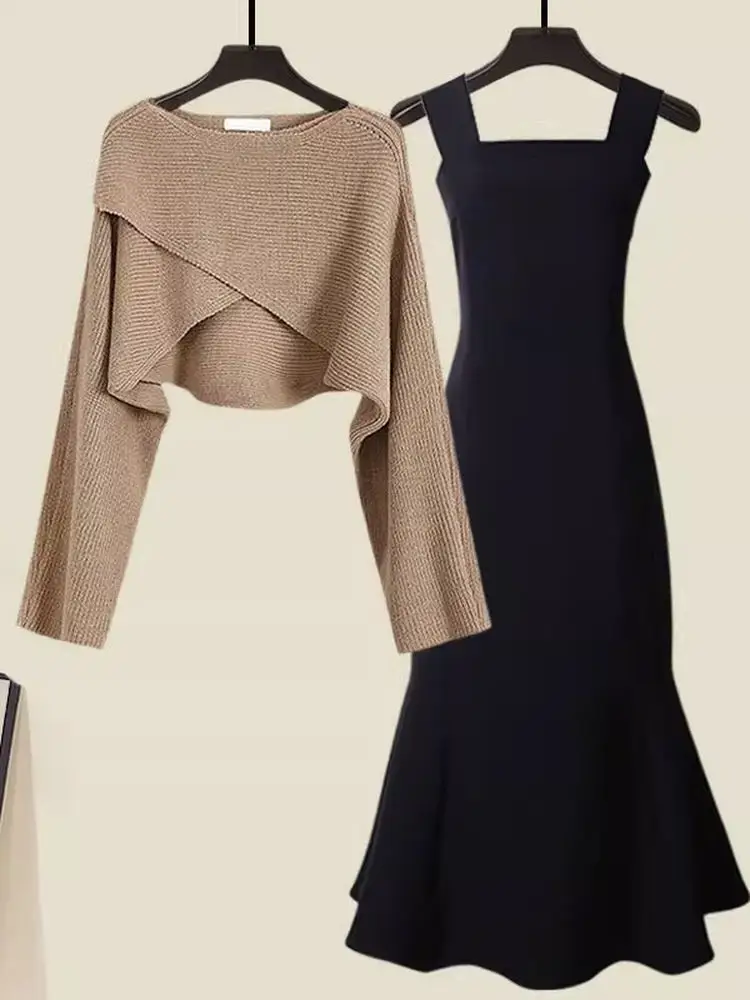 Early Autumn New Arrival High-End Feel Complete Crossed Sweater Cardigan Strap Dress Two-Piece Set Women's Fashion Ensemble