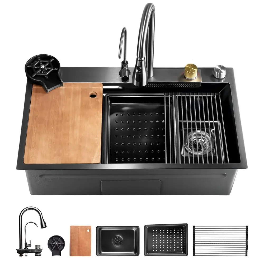 

StainlSteel Kitchen Sink Black, ern and Highly Durable Kitchen Sinks Includes Water iier Tap, Drain Rack, Cutting Board, Cup Was
