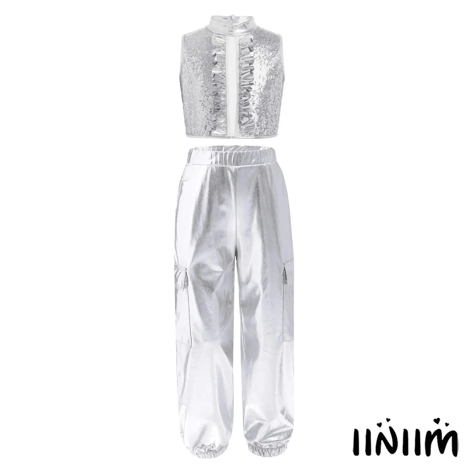 

Kids Girls Jazz Dance Outfit Sleeveless Back Invisible Zipper Sequin Metallic Patchwork Ruffles Crop Top with Pants Streetwear