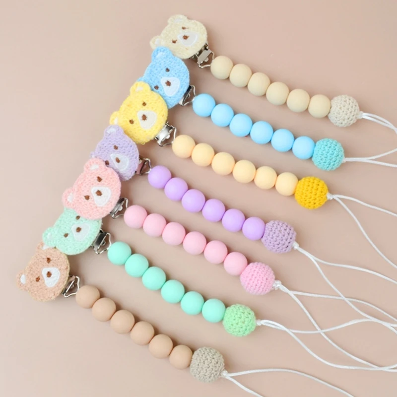 BPA Free Food Grade Silicone Baby Pacifier Clip Chains Soft Silicone Beads Cartoon Bear Newborn Nipple Clips Soother Holder