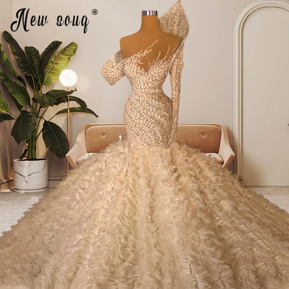 

Saudi Arabia Aibye Crystal Off Shoulder Wedding Dress Luxury Feather Mermaid Bridal Gowns Custom Made Long Sleeve Vestido De Nov