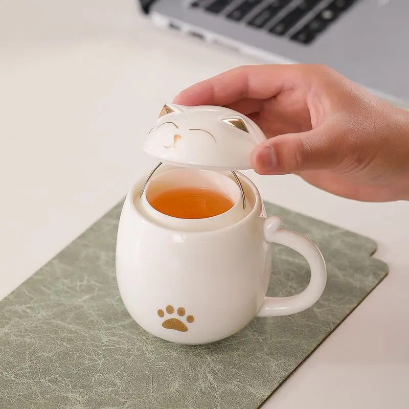 Ceramic Tea Mug with Strainer Infuser Lid Cat Design Handmade Porcelain Teacup Strainer Portable Shockproof Storage Drinkware