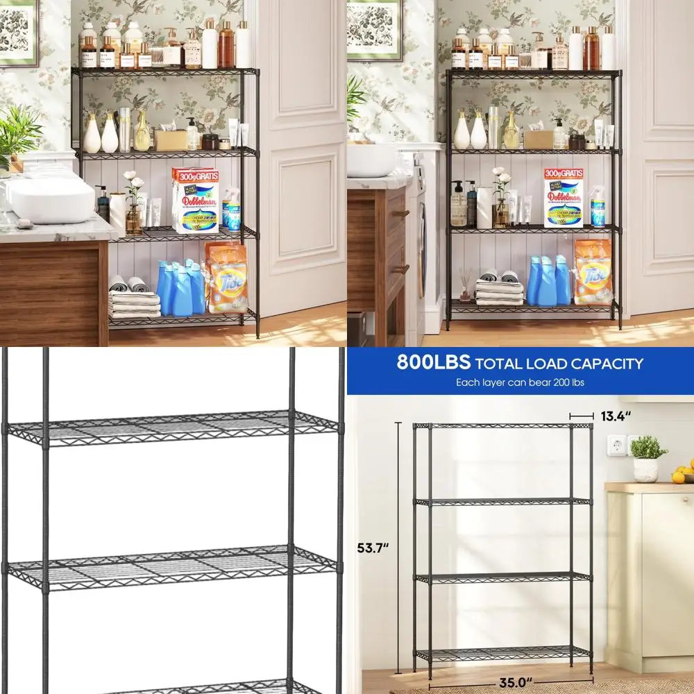 

Adjustable 4-Tier Metal Storage Rack, 35.4L x 13.3W x 53.7H, Black, Ideal for Kitchen, Garage, and Commercial Spaces