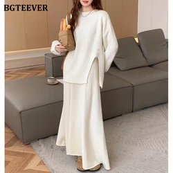 BGTEEVER Casual Warm Loose Women 2 Pieces Knitted Outfits O-neck Side Split Pullovers Sweaters & High Waist A-line Skirts