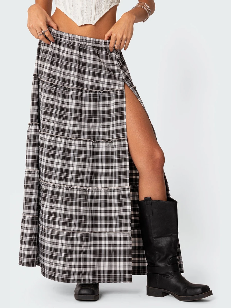 Women s Plaid Long Skirts Vintage Elastic Waist Side Slit Tiered Midi Skirts Casual Flowy Skirts