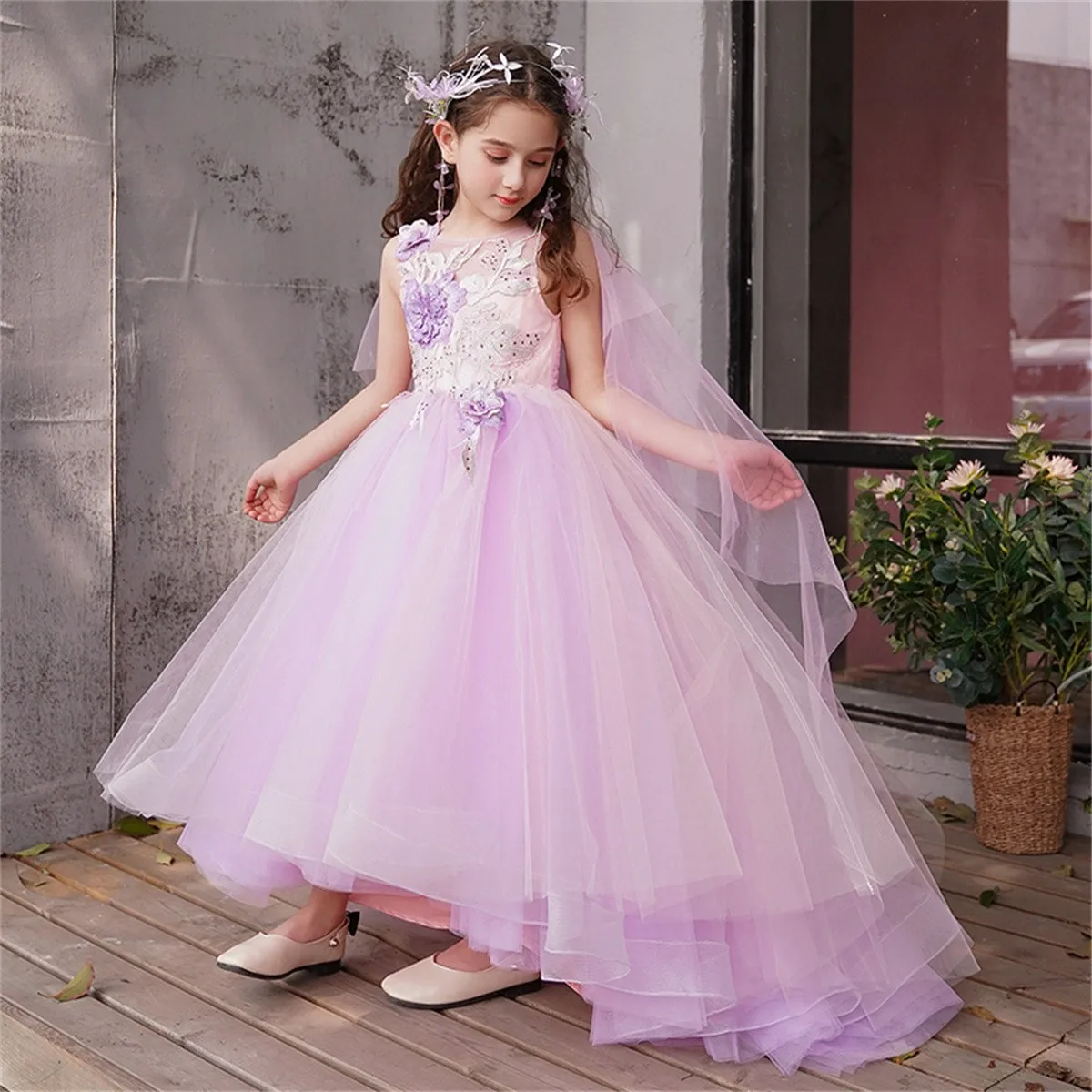 Fluffy Flower Girl Dress Tulle Sleeveless Applique Wedding Noble Flower Children First Communion Celebration Kid Dress