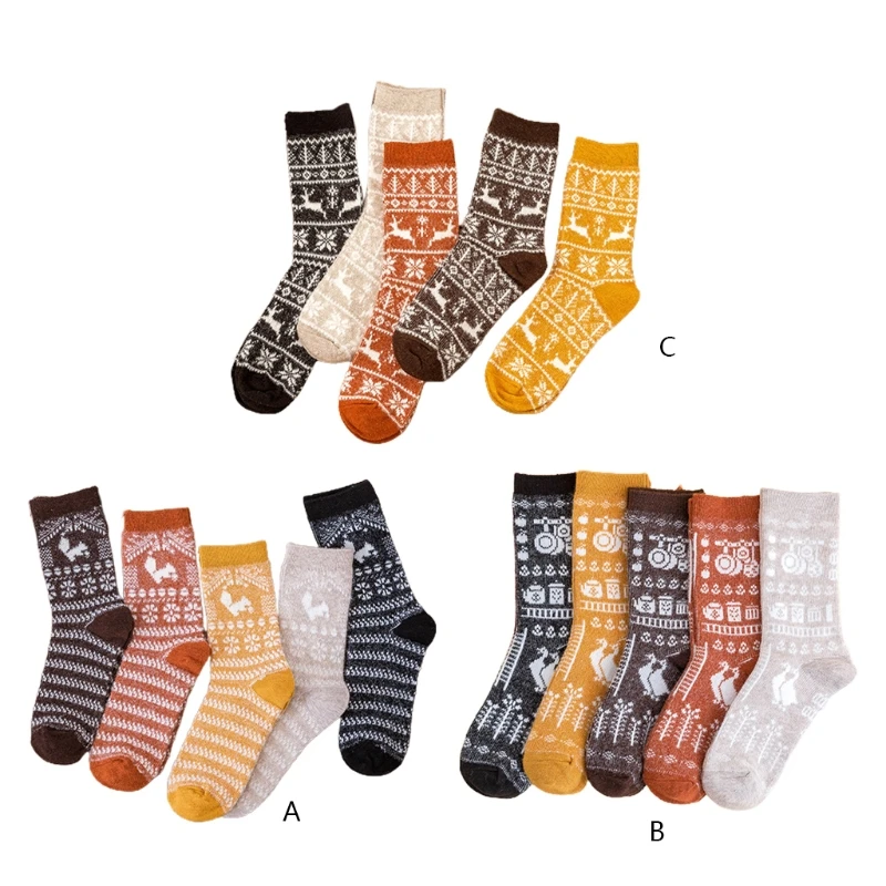 

5 Pairs Women Winter Cozy Warm Knit Socks Reindeer Snowflake Duck Pattern Hiking Boot Thermal Hosiery for