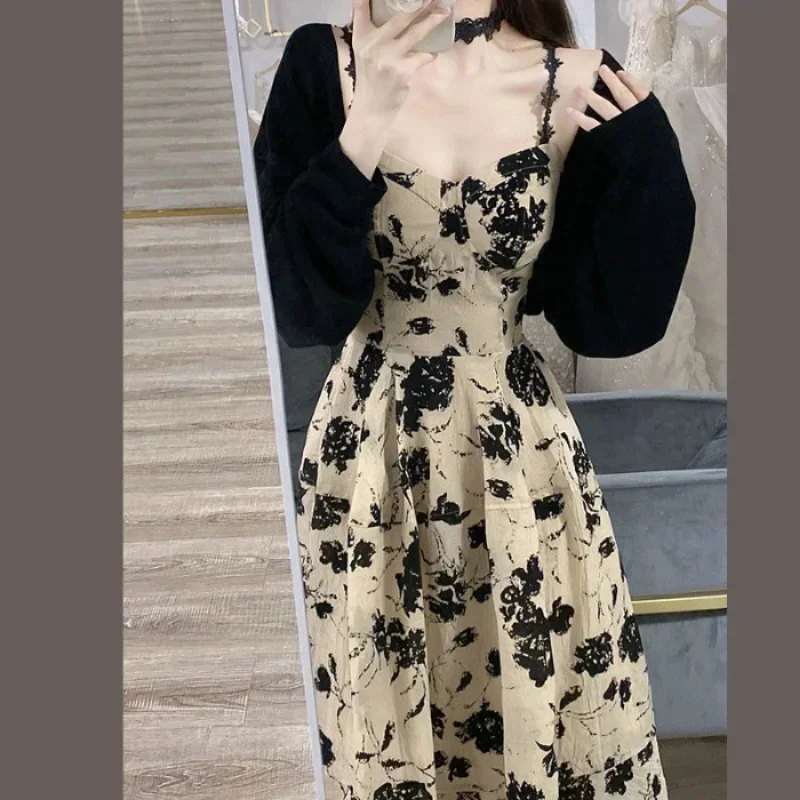 

2025 Summer Floral Strap Midi Dress Women Sleeveless Elegant Vintage Dress Evening Party One Piece Dresses Y2k Korean Fashion