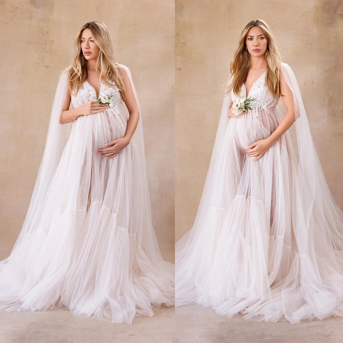 

Unique Fluffy Prom Dresses for Photo Shoot or Baby Shower Maternity Robes With Detachable Cape Women Appliques Photoshoot Gown