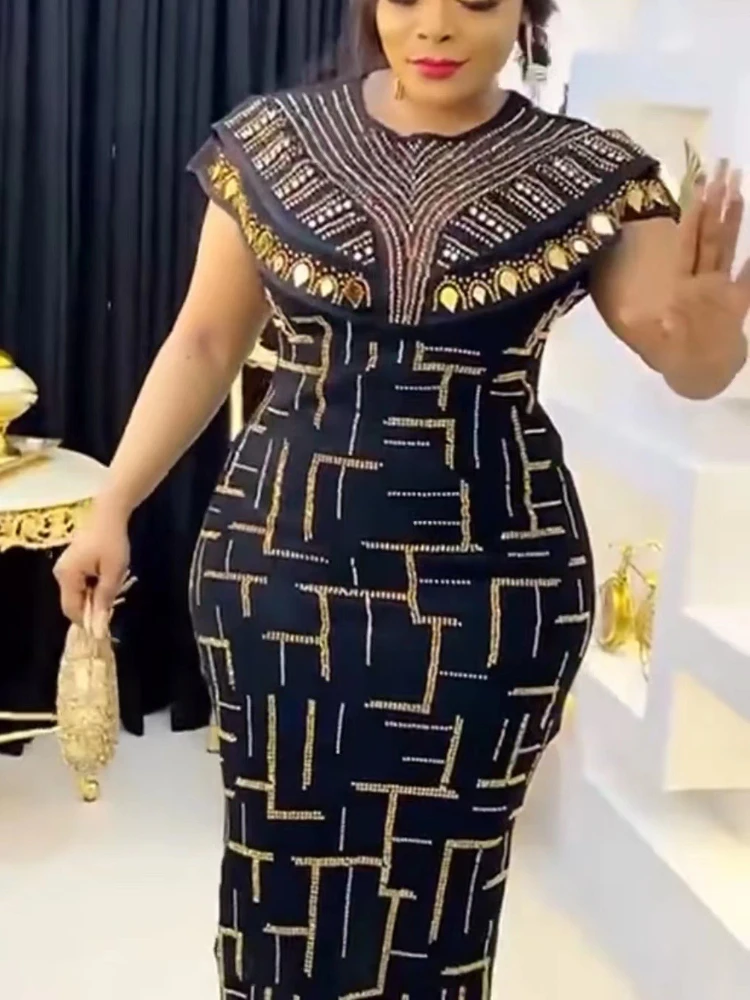 Kobiety Bodycon Party Dress O Neck błyszczące afryki eleganckie luksusowe Rihnestone Patchwork błyszczące duże rozmiary damskie suknie lato 2023 nowy