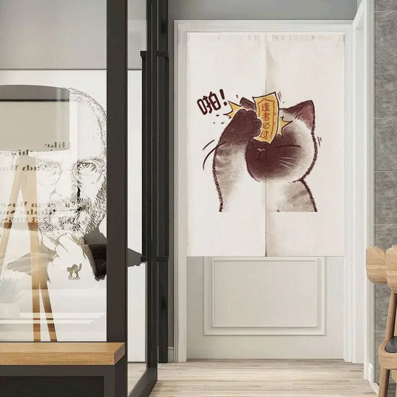 VIKAMA Line Art Half Cat Noren Door Curtain, 6 Designs, Doorway Decor for Bedroom Living Room Kitchen