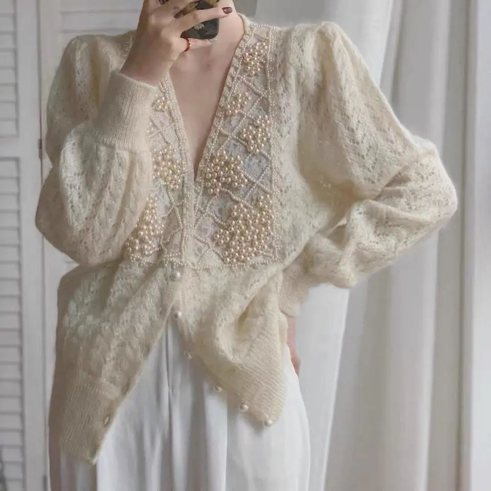 Korobov New Autumn Pearls Embroidery Cardigans Vintage V Neck Long Sleeve Oversize Gentle Cardigan Sweet Hollow Out Sweater