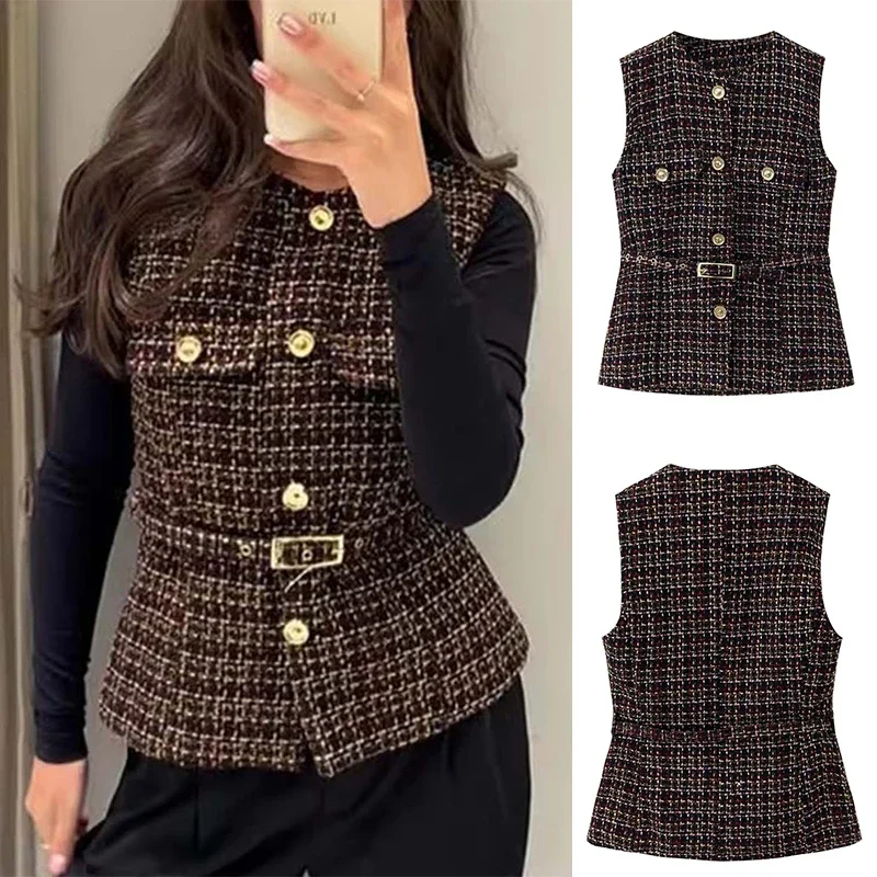 

Women Autumn New Women Vest Fashion Sleeveless Button With Belt Decoration Speaker Hem Vest Women Elegant Hight Street Top