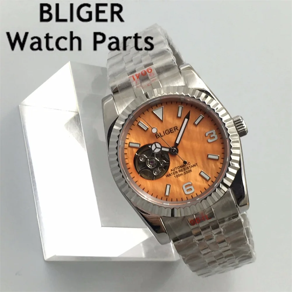 BLIGER 36 мм/39 мм NH38 автоматические механические мужские часы с полым жемчужным циферблатом зеленый светящийся браслет из нержавеющей стали водонепроницаемый