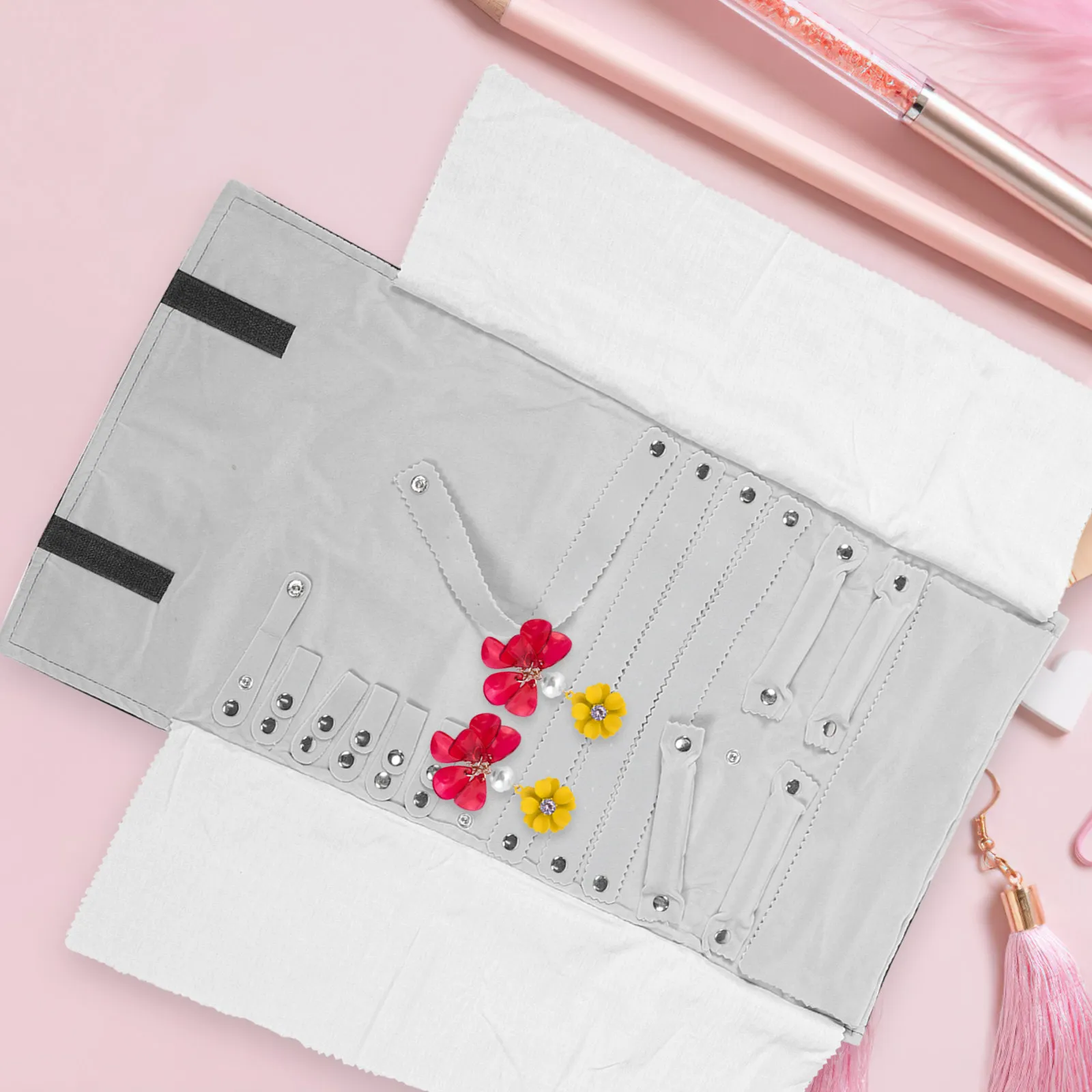 

Luxury Fabric Jewelry Roll Bag with Grey Lining Lightweight Travel Organizer for Rings Earrings Necklaces Bracelets Storage